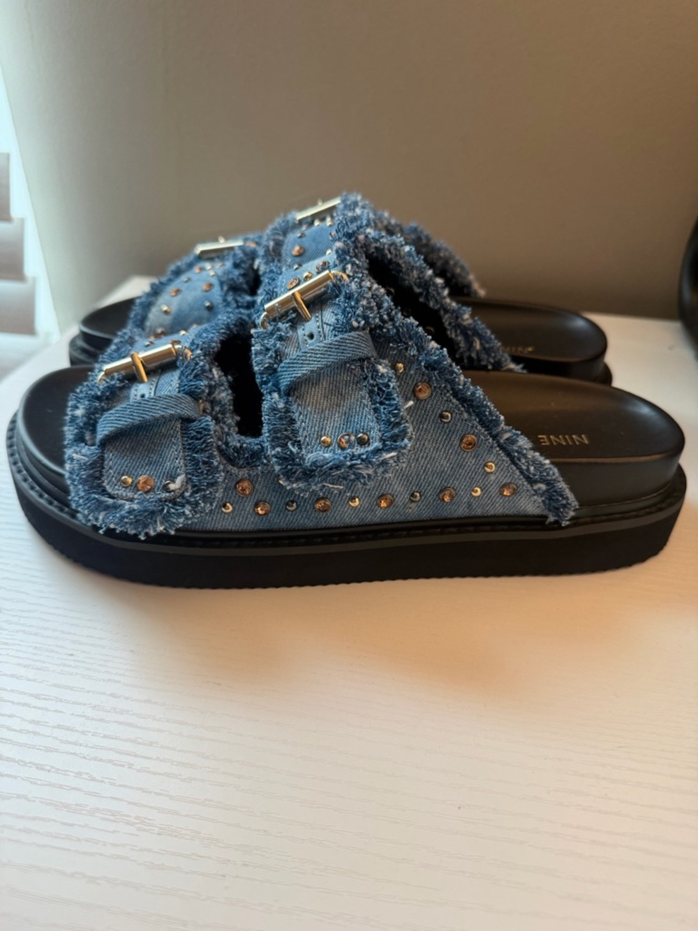 Nine West Blue Denim Buckle Slide Sandals with Black Footbed